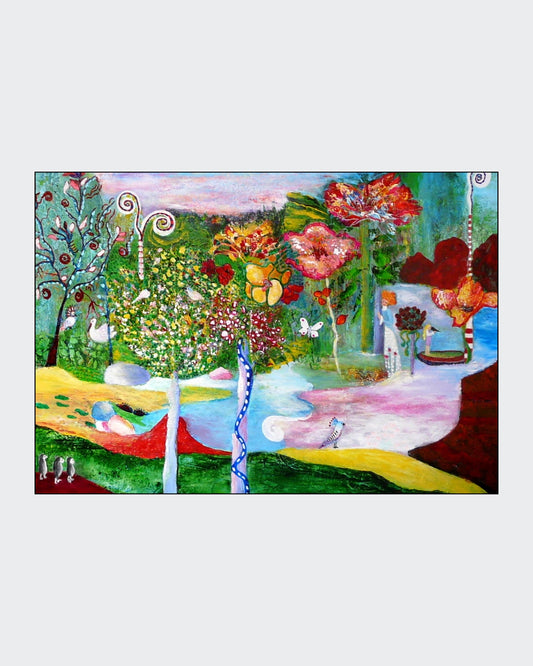 Buntes Acrylgemälde mit naiv‑poetischer Landschaft, leuchtenden Farben und verspielten Formen; Werk ‚Meine kleine Insel‘ von Dr. Blanka Mandel.