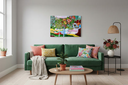 Buntes Acrylgemälde mit naiv‑poetischer Landschaft, leuchtenden Farben und verspielten Formen; Werk ‚Meine kleine Insel‘ von Dr. Blanka Mandel.