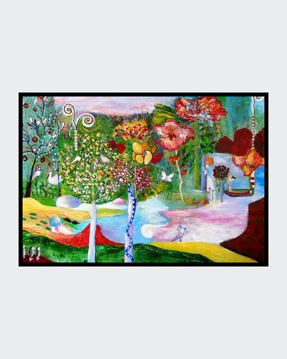 Buntes Acrylgemälde mit naiv‑poetischer Landschaft, leuchtenden Farben und verspielten Formen; Werk ‚Meine kleine Insel‘ von Dr. Blanka Mandel.