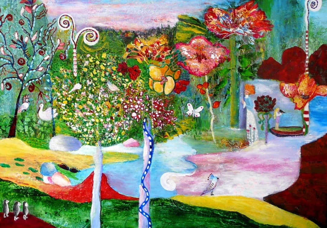 Buntes Acrylgemälde mit naiv‑poetischer Landschaft, leuchtenden Farben und verspielten Formen; Werk ‚Meine kleine Insel‘ von Dr. Blanka Mandel.