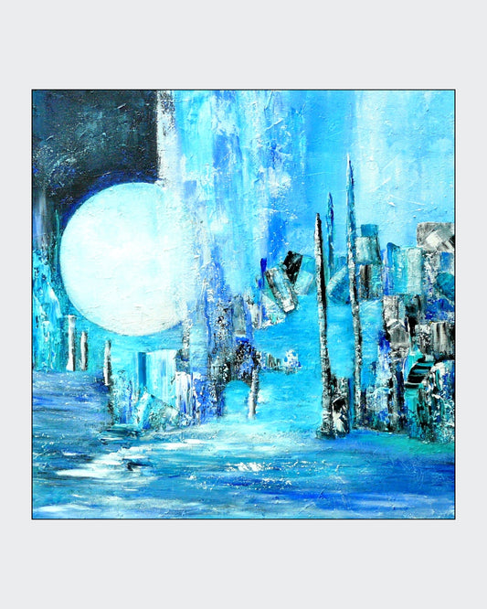 Blaues Acrylgemälde mit großer, leuchtender Mondform und kontrastreichen Strukturen; Werk ‚Melancholia‘ von Dr. Blanka Mandel, mystische Nachtatmosphäre.