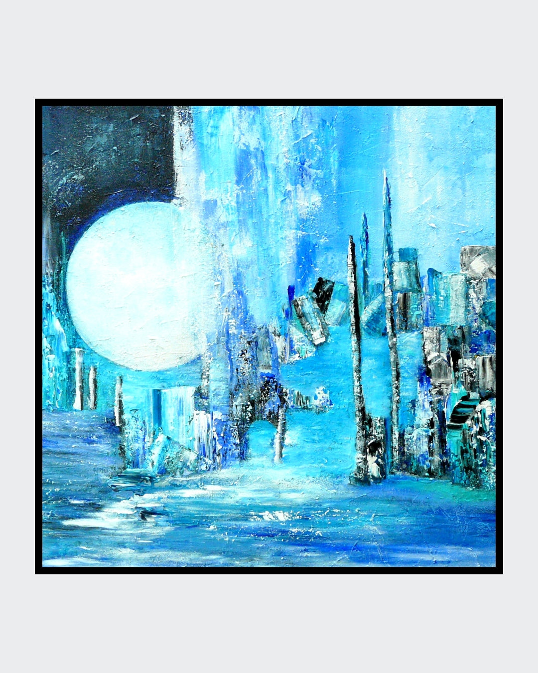 Blaues Acrylgemälde mit großer, leuchtender Mondform und kontrastreichen Strukturen; Werk ‚Melancholia‘ von Dr. Blanka Mandel, mystische Nachtatmosphäre.
