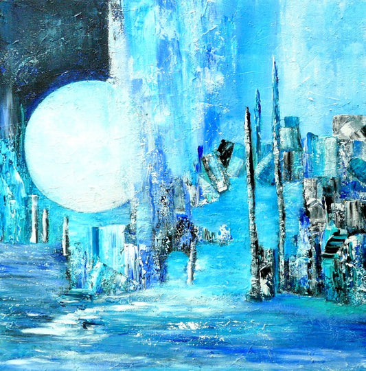 Blaues Acrylgemälde mit großer, leuchtender Mondform und kontrastreichen Strukturen; Werk ‚Melancholia‘ von Dr. Blanka Mandel, mystische Nachtatmosphäre.