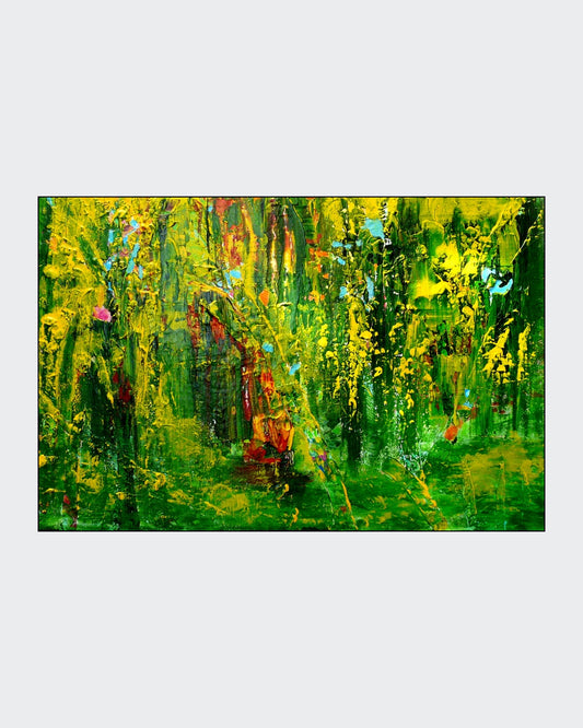 Grünbetontes, abstrakt‑expressives Acrylgemälde auf Holz mit kräftiger Struktur und Spachtelspuren; Werk ‚Mystical Place (66)‘ von Dr. Blanka Mandel.