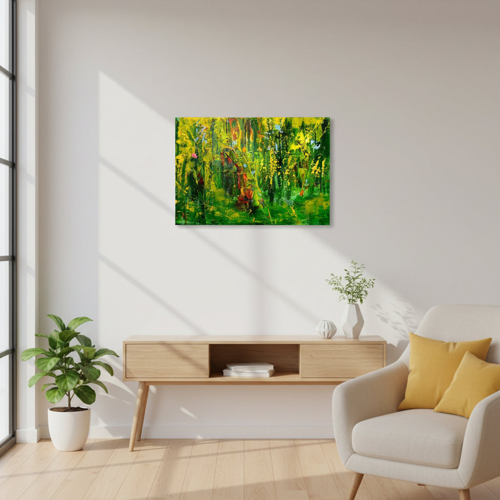 Grünbetontes, abstrakt‑expressives Acrylgemälde auf Holz mit kräftiger Struktur und Spachtelspuren; Werk ‚Mystical Place (66)‘ von Dr. Blanka Mandel.
