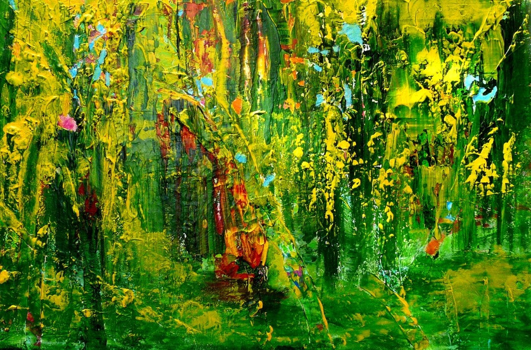 Grünbetontes, abstrakt‑expressives Acrylgemälde auf Holz mit kräftiger Struktur und Spachtelspuren; Werk ‚Mystical Place (66)‘ von Dr. Blanka Mandel.