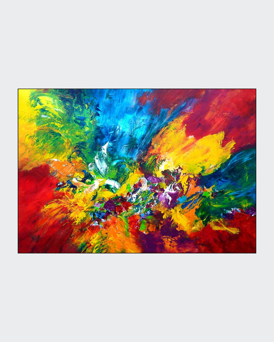 Sehr farbintensives Acrylgemälde mit dynamischen, abstrakten Formen in leuchtenden Blau‑, Rot‑, Gelb‑ und Grüntönen; Werk ‚Wenn du bei mir bist‘ von Dr. Blanka Mandel.