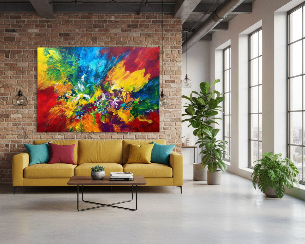 Sehr farbintensives Acrylgemälde mit dynamischen, abstrakten Formen in leuchtenden Blau‑, Rot‑, Gelb‑ und Grüntönen; Werk ‚Wenn du bei mir bist‘ von Dr. Blanka Mandel.