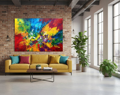 Sehr farbintensives Acrylgemälde mit dynamischen, abstrakten Formen in leuchtenden Blau‑, Rot‑, Gelb‑ und Grüntönen; Werk ‚Wenn du bei mir bist‘ von Dr. Blanka Mandel.