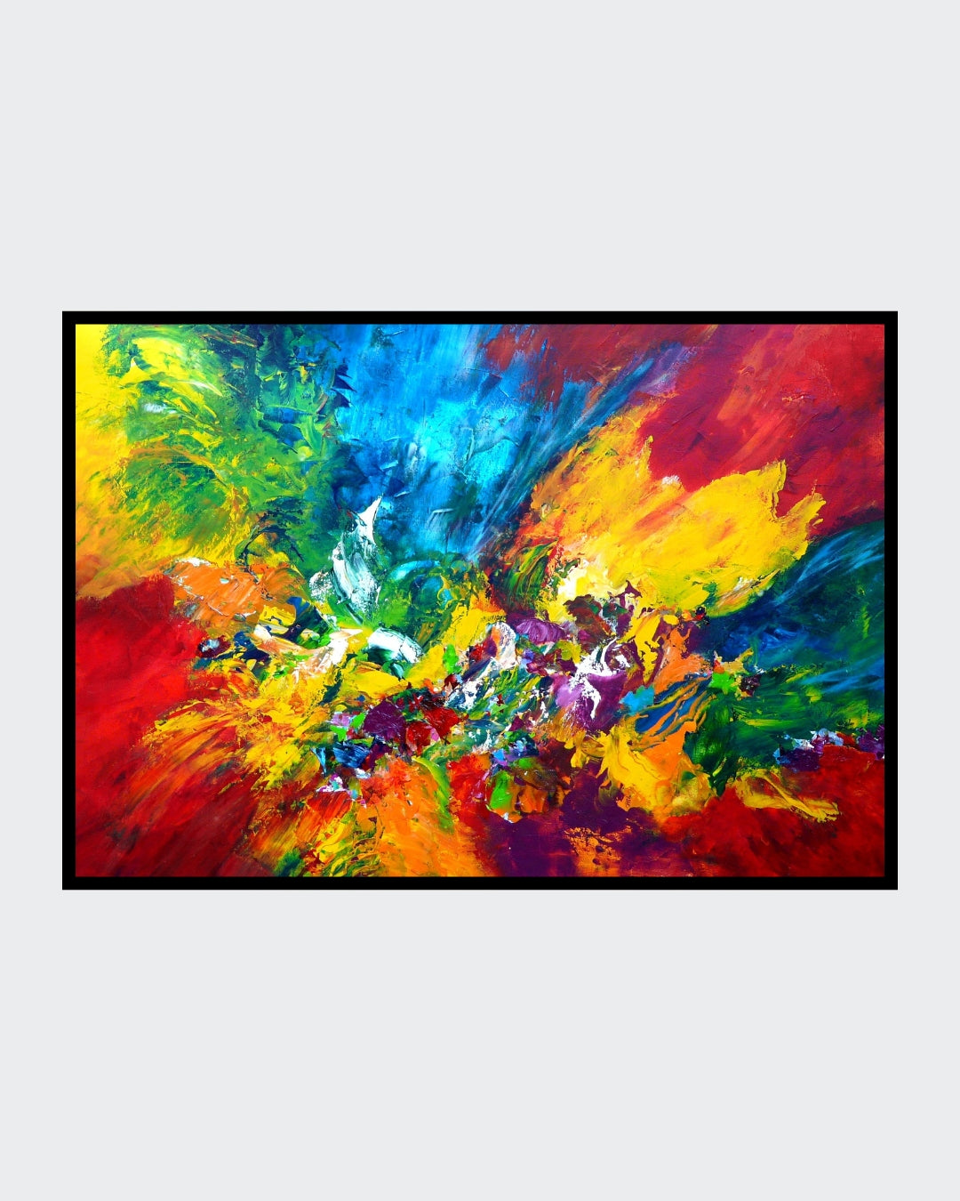 Sehr farbintensives Acrylgemälde mit dynamischen, abstrakten Formen in leuchtenden Blau‑, Rot‑, Gelb‑ und Grüntönen; Werk ‚Wenn du bei mir bist‘ von Dr. Blanka Mandel.