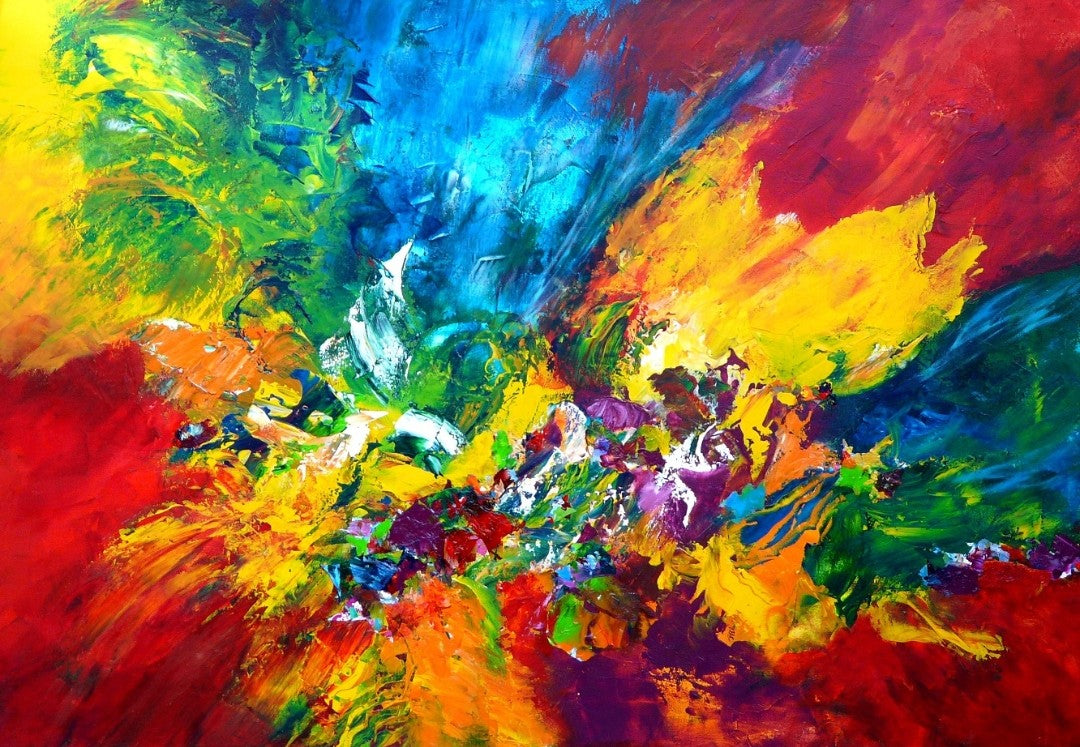 Sehr farbintensives Acrylgemälde mit dynamischen, abstrakten Formen in leuchtenden Blau‑, Rot‑, Gelb‑ und Grüntönen; Werk ‚Wenn du bei mir bist‘ von Dr. Blanka Mandel.