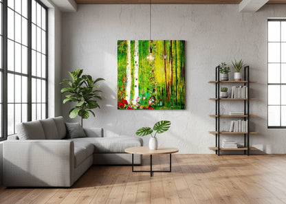 Abstrakt‑expressionistisches Waldmotiv in Grün‑ und Gelbtönen mit dynamischen Farbstromen und Struktur; Acryl auf Leinwand ‚Zauberwald (17)‘ von Dr. Blanka Mandel.