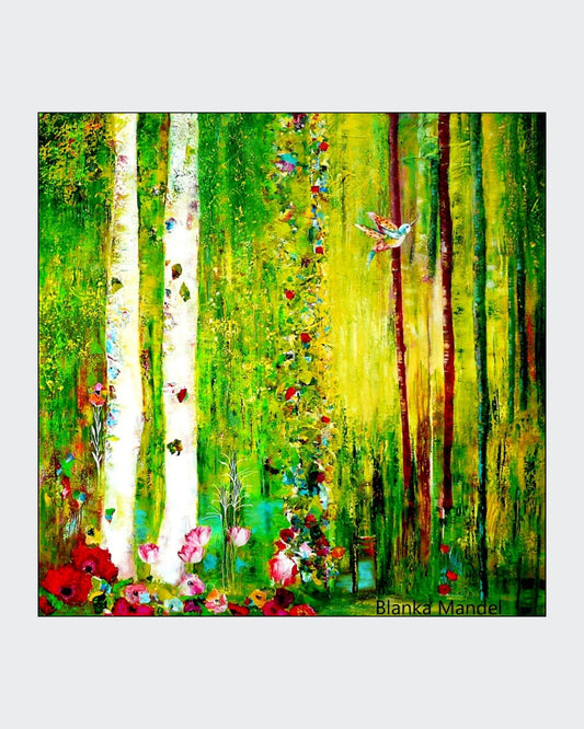 Abstrakt‑expressionistisches Waldmotiv in Grün‑ und Gelbtönen mit dynamischen Farbstromen und Struktur; Acryl auf Leinwand ‚Zauberwald (17)‘ von Dr. Blanka Mandel.