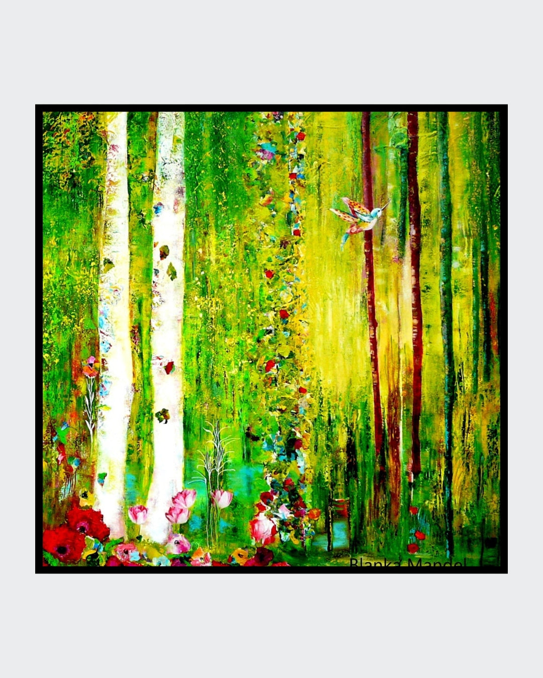 Abstrakt‑expressionistisches Waldmotiv in Grün‑ und Gelbtönen mit dynamischen Farbstromen und Struktur; Acryl auf Leinwand ‚Zauberwald (17)‘ von Dr. Blanka Mandel.