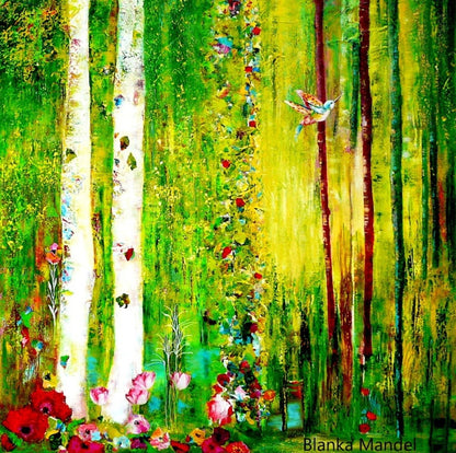 Abstrakt‑expressionistisches Waldmotiv in Grün‑ und Gelbtönen mit dynamischen Farbstromen und Struktur; Acryl auf Leinwand ‚Zauberwald (17)‘ von Dr. Blanka Mandel.