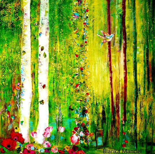 Abstrakt‑expressionistisches Waldmotiv in Grün‑ und Gelbtönen mit dynamischen Farbstromen und Struktur; Acryl auf Leinwand ‚Zauberwald (17)‘ von Dr. Blanka Mandel.