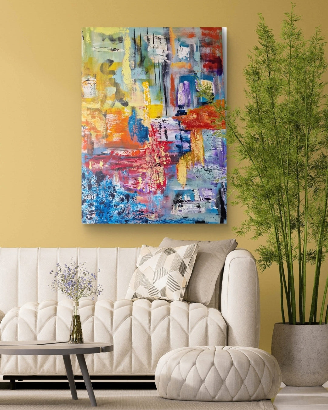 Abstrakte Acrylmalerei „Farbrausch“ von BUCCODESIGN mit mehrschichtigen Spachtelflächen in Blau, Türkis, Gelb, Orange, Rot und Violett sowie schwarzen Linien.