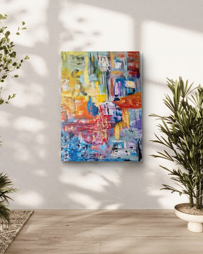 Abstrakte Acrylmalerei „Farbrausch“ von BUCCODESIGN mit mehrschichtigen Spachtelflächen in Blau, Türkis, Gelb, Orange, Rot und Violett sowie schwarzen Linien.