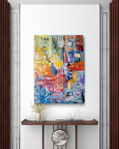 Abstrakte Acrylmalerei „Farbrausch“ von BUCCODESIGN mit mehrschichtigen Spachtelflächen in Blau, Türkis, Gelb, Orange, Rot und Violett sowie schwarzen Linien.