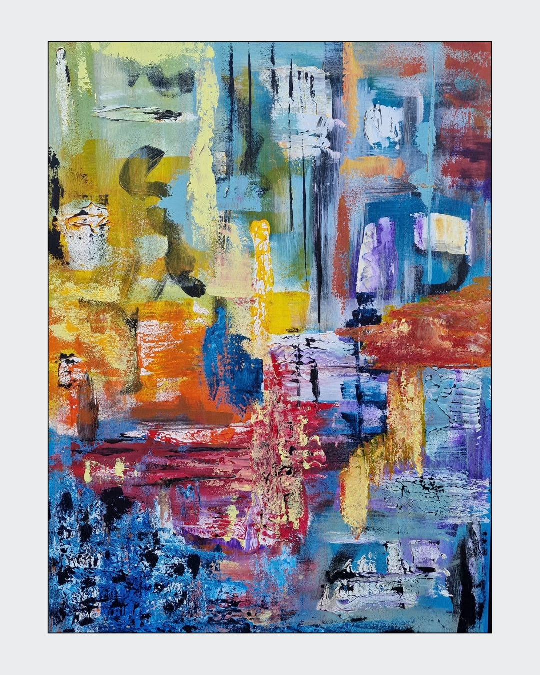 Abstrakte Acrylmalerei „Farbrausch“ von BUCCODESIGN mit mehrschichtigen Spachtelflächen in Blau, Türkis, Gelb, Orange, Rot und Violett sowie schwarzen Linien.
