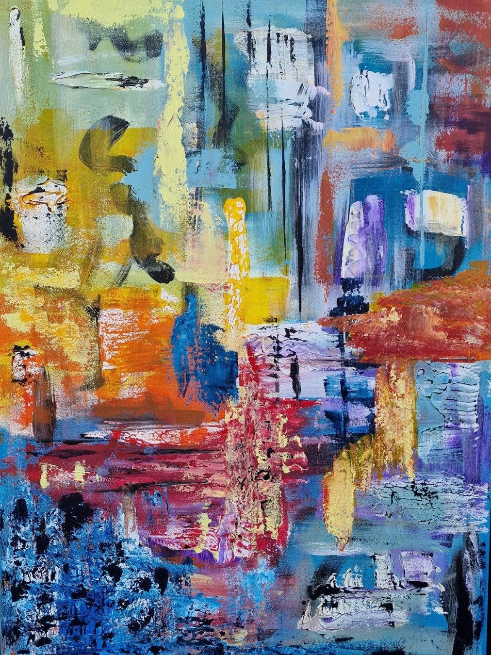 Abstrakte Acrylmalerei „Farbrausch“ von BUCCODESIGN mit mehrschichtigen Spachtelflächen in Blau, Türkis, Gelb, Orange, Rot und Violett sowie schwarzen Linien.