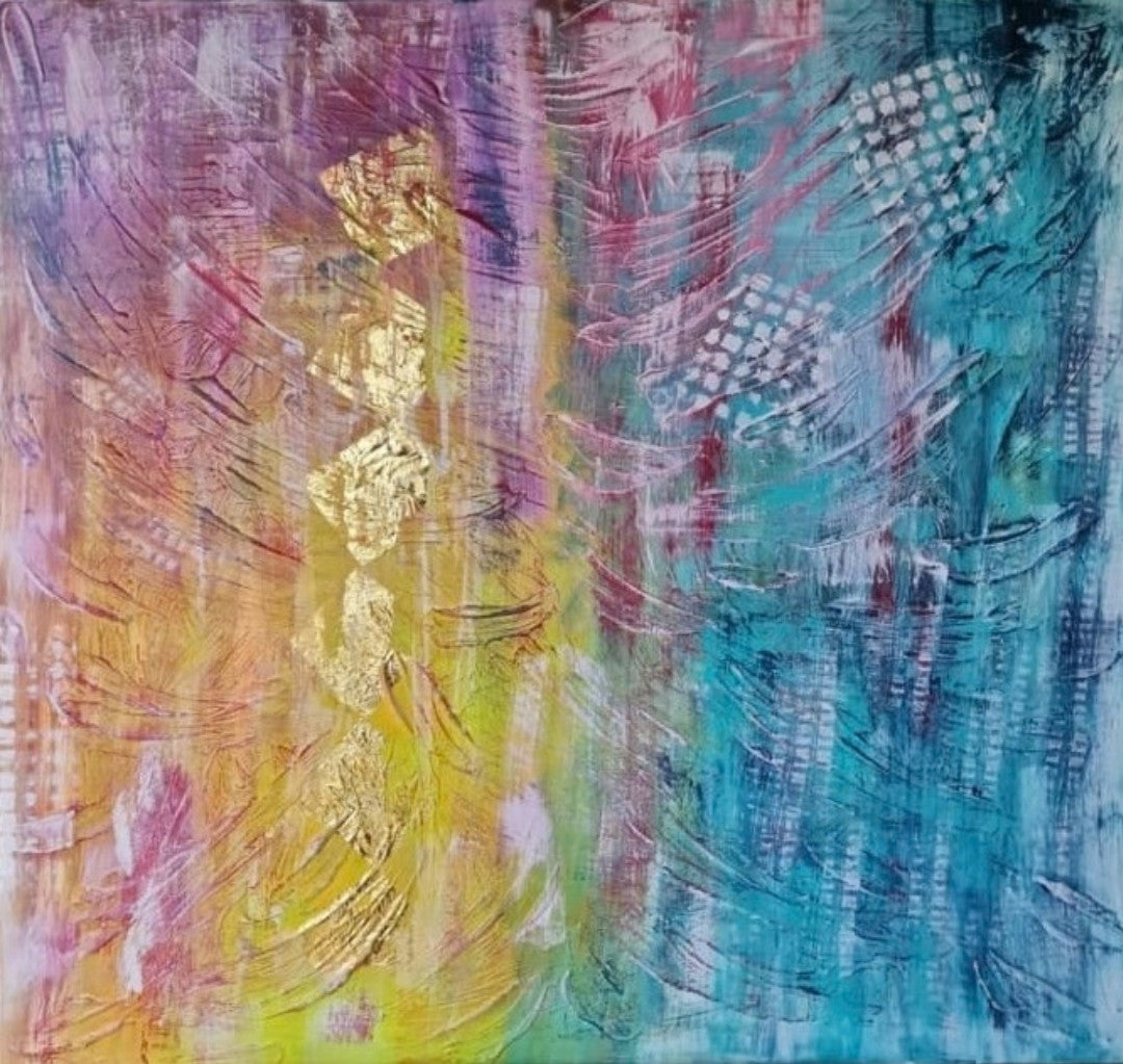 Abstrakte Acryl-Mischtechnik „Goldader“ von BUCCODESIGN mit einer vertikalen Spur aus echtem Blattgold und strukturierten Flächen in Flieder, Rosa, Gelb und Türkis.