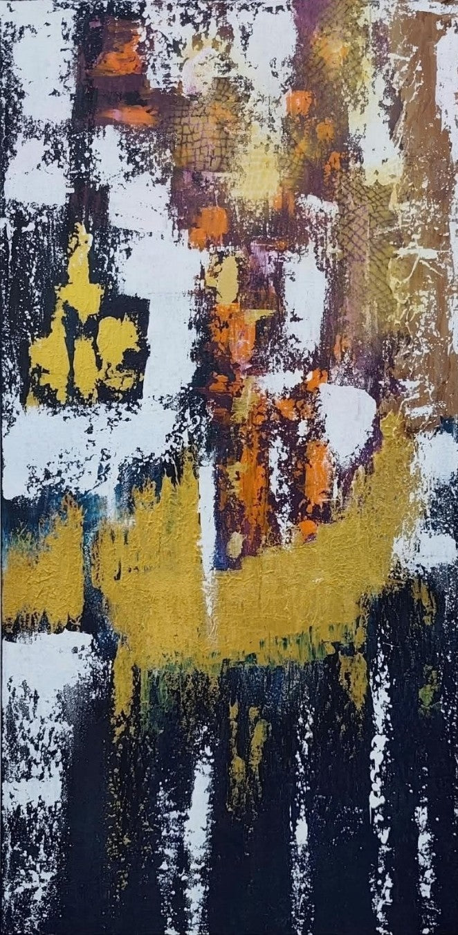 Abstrakte Acryl-Mischtechnik „Goldene Nacht“ von BUCCODESIGN mit reliefartigen Flächen in Nachtblau, Gold, Orange, Pflaume und Weiß.