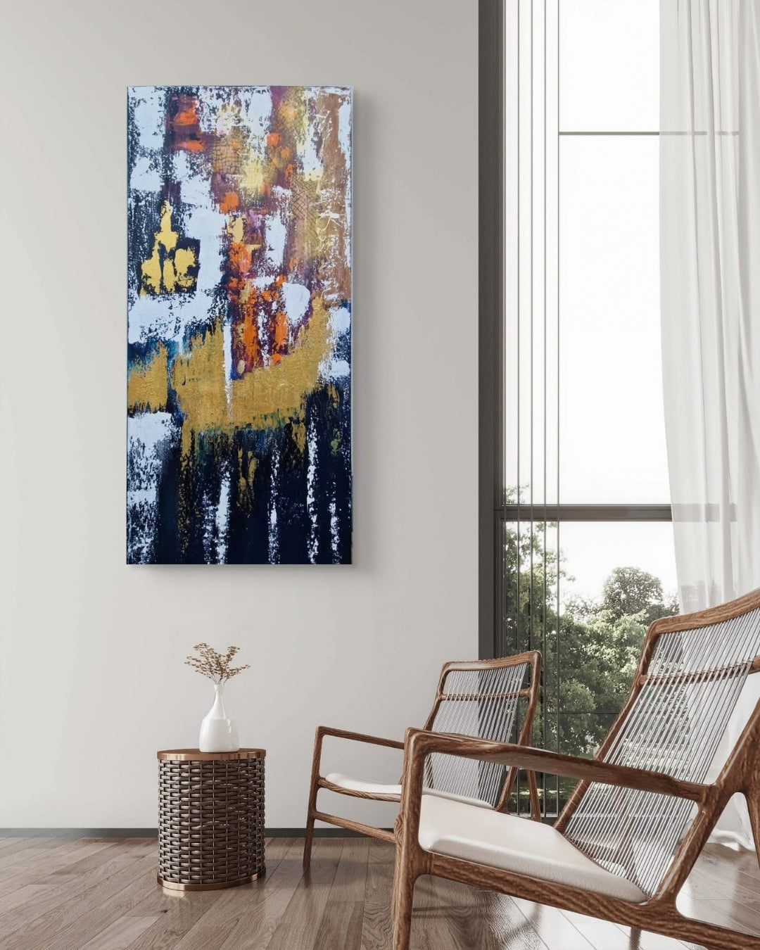 Abstrakte Acryl-Mischtechnik „Goldene Nacht“ von BUCCODESIGN mit reliefartigen Flächen in Nachtblau, Gold, Orange, Pflaume und Weiß.