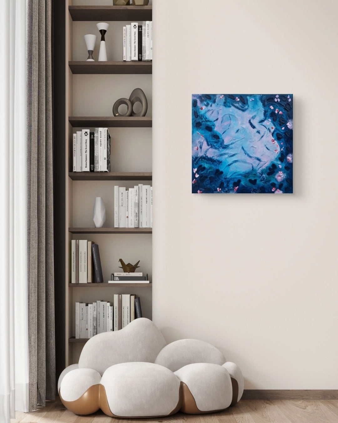 Abstrakte Acrylmalerei „Herzensteich“ von BUCCODESIGN mit reliefartigen Herzen, Blättern und Blüten in Nachtblau, Himmelblau, Rosa und Flieder.