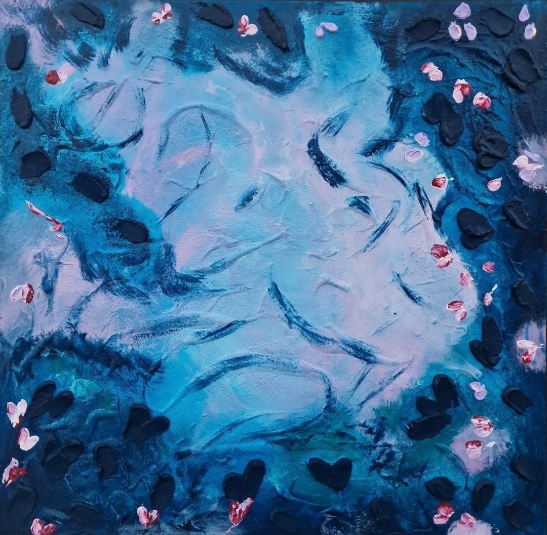 Abstrakte Acrylmalerei „Herzensteich“ von BUCCODESIGN mit reliefartigen Herzen, Blättern und Blüten in Nachtblau, Himmelblau, Rosa und Flieder.