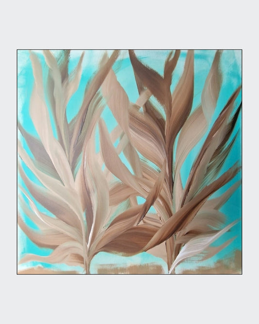 Quadratische Acrylmalerei „Karibische Brise“ von BUCCODESIGN mit zwei geschwungenen Pflanzen in Taupe, Sand und Braun vor leuchtendem Türkis.