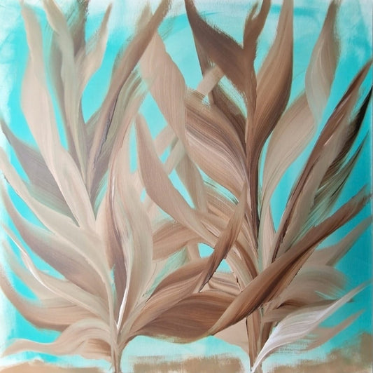 Quadratische Acrylmalerei „Karibische Brise“ von BUCCODESIGN mit zwei geschwungenen Pflanzen in Taupe, Sand und Braun vor leuchtendem Türkis.