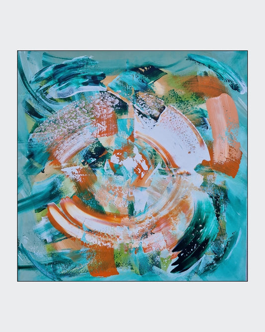 Abstrakte Acrylmalerei „Lebenswirbel“ von BUCCODESIGN mit kreisender Bewegung in Türkis, Orange, Apricot, Weiß, Limette und Petrol.