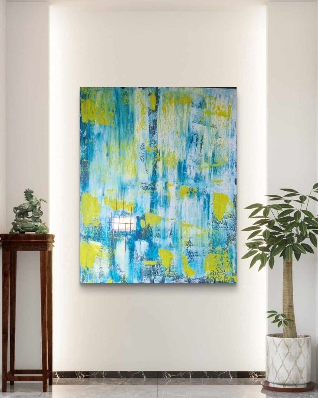 Abstrakte Acrylmalerei „Lichtfenster“ von BUCCODESIGN mit vertikalen Strukturen in Türkis, Himmelblau, Limettengelb, Weiß und Rot.