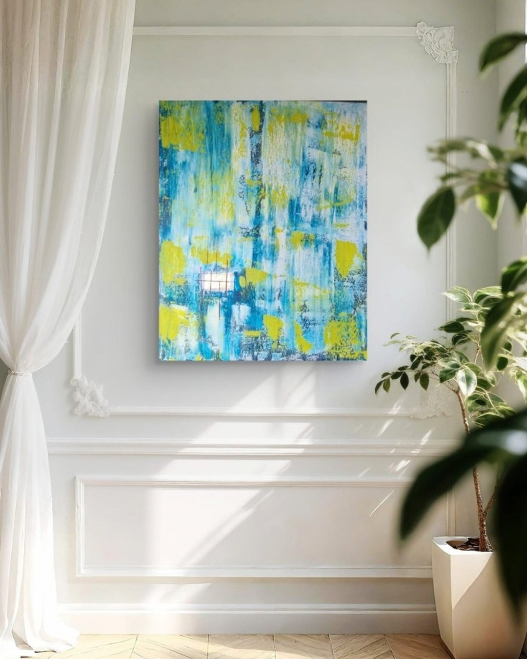 Abstrakte Acrylmalerei „Lichtfenster“ von BUCCODESIGN mit vertikalen Strukturen in Türkis, Himmelblau, Limettengelb, Weiß und Rot.