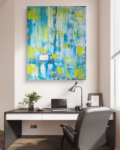 Abstrakte Acrylmalerei „Lichtfenster“ von BUCCODESIGN mit vertikalen Strukturen in Türkis, Himmelblau, Limettengelb, Weiß und Rot.