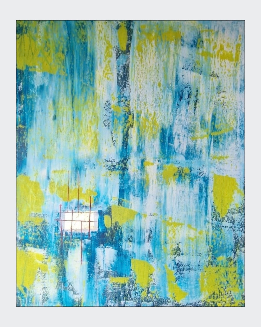 Abstrakte Acrylmalerei „Lichtfenster“ von BUCCODESIGN mit vertikalen Strukturen in Türkis, Himmelblau, Limettengelb, Weiß und Rot.