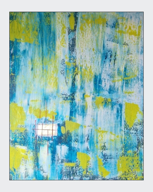 Abstrakte Acrylmalerei „Lichtfenster“ von BUCCODESIGN mit vertikalen Strukturen in Türkis, Himmelblau, Limettengelb, Weiß und Rot.