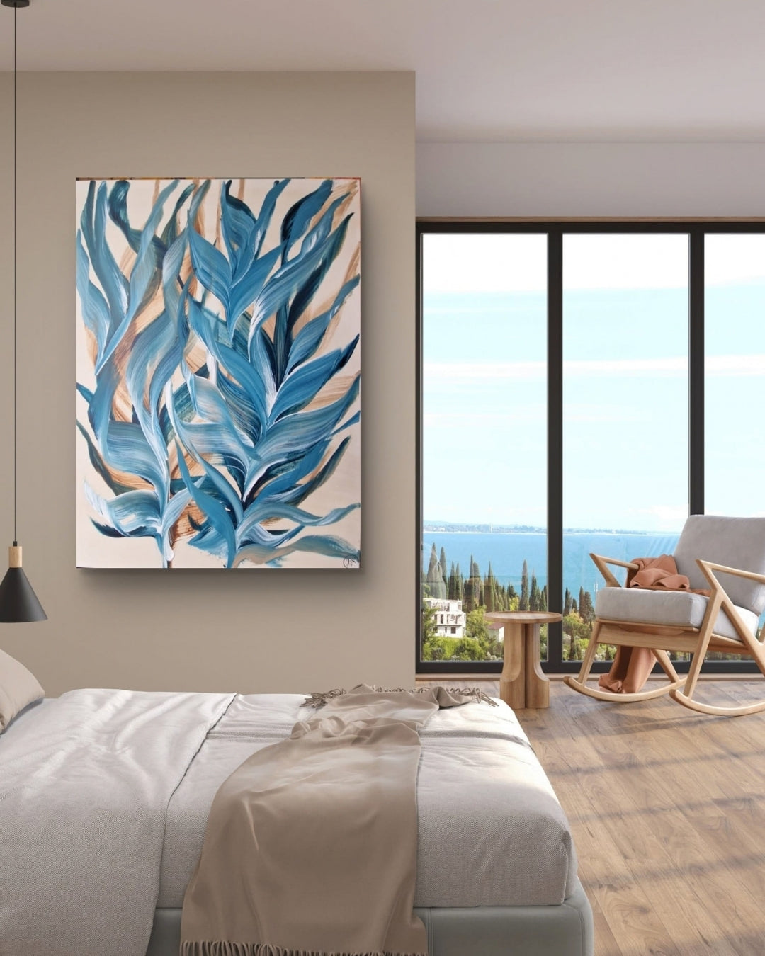 Hochformatige Acrylmalerei „Sommerwind“ von BUCCODESIGN mit zwei geschwungenen Pflanzen in Petrol, Blau, Karamell, Sand und Weiß.