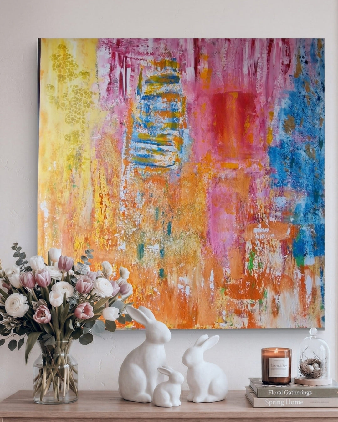 Quadratische Acryl-Mischtechnik „Sonnenaufgang“ von BUCCODESIGN mit strukturierten Farbflächen in Gelb, Orange, Pink, Rot, Blau und Gold.