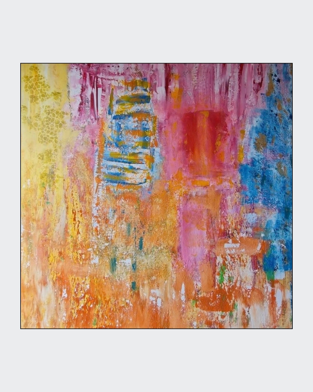 Quadratische Acryl-Mischtechnik „Sonnenaufgang“ von BUCCODESIGN mit strukturierten Farbflächen in Gelb, Orange, Pink, Rot, Blau und Gold.