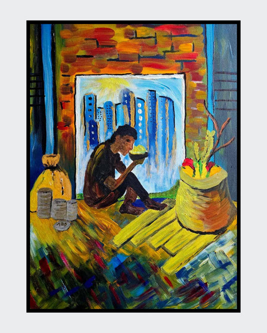 Gemälde "Armut" von Carina Teufel. Eine Person sitzt auf dem Boden, scheinbar in einem offenen Raum oder einer Nische, isst aus einer Schale, während im Hintergrund stilisierte Gebäude vor einem blauen Himmel zu sehen sind. Auf dem Boden liegen angedeutete Münzen und ein Sack, umgeben von kräftigen, texturierten Farben. 