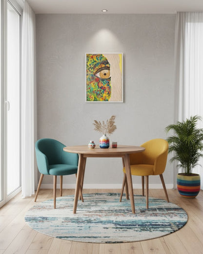 Ausschnitt aus dem Gemälde "Bunte Vielfalt" von Carina Teufel, zeigt ein Auge und einen Teil eines Gesichts, das mit einer dicken Farbstruktur in leuchtenden Punkten und Flecken in Rot, Blau, Gelb und Grün bedeckt ist, was Diversität und Ausdruckskraft symbolisiert. 