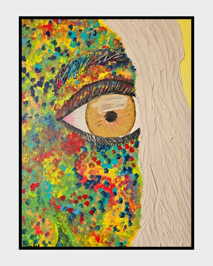 Ausschnitt aus dem Gemälde "Bunte Vielfalt" von Carina Teufel, zeigt ein Auge und einen Teil eines Gesichts, das mit einer dicken Farbstruktur in leuchtenden Punkten und Flecken in Rot, Blau, Gelb und Grün bedeckt ist, was Diversität und Ausdruckskraft symbolisiert. 