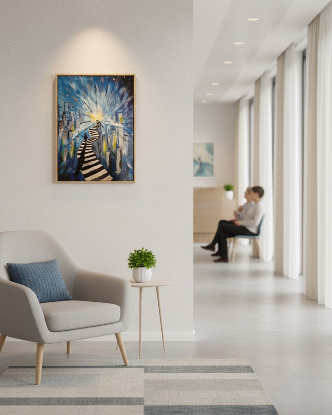 Gemälde "Der Weg ins Ungewisse" von Carina Teufel. Eine leuchtende Stadtansicht bei Nacht, durchzogen von einem gewundenen schwarz-weiß gestreiften Pfad, der in ein helles Licht am Horizont führt und eine einzelne Silhouette zeigt, die dem Weg folgt. 