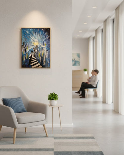 Gemälde "Der Weg ins Ungewisse" von Carina Teufel. Eine leuchtende Stadtansicht bei Nacht, durchzogen von einem gewundenen schwarz-weiß gestreiften Pfad, der in ein helles Licht am Horizont führt und eine einzelne Silhouette zeigt, die dem Weg folgt. 