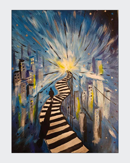 Gemälde "Der Weg ins Ungewisse" von Carina Teufel. Eine leuchtende Stadtansicht bei Nacht, durchzogen von einem gewundenen schwarz-weiß gestreiften Pfad, der in ein helles Licht am Horizont führt und eine einzelne Silhouette zeigt, die dem Weg folgt. 