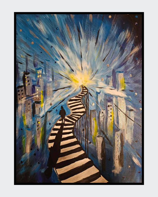 Gemälde "Der Weg ins Ungewisse" von Carina Teufel. Eine leuchtende Stadtansicht bei Nacht, durchzogen von einem gewundenen schwarz-weiß gestreiften Pfad, der in ein helles Licht am Horizont führt und eine einzelne Silhouette zeigt, die dem Weg folgt. 