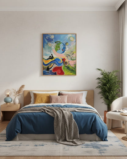 Gemälde "Happy World" von Carina Teufel. Eine farbenfrohe und fantastische Darstellung einer Weltkugel, die von einer schützenden Hand gehalten wird, umgeben von schwungvollen Linien, Musiknoten und stilisierten Figuren, die Freude und Harmonie ausstrahlen. 