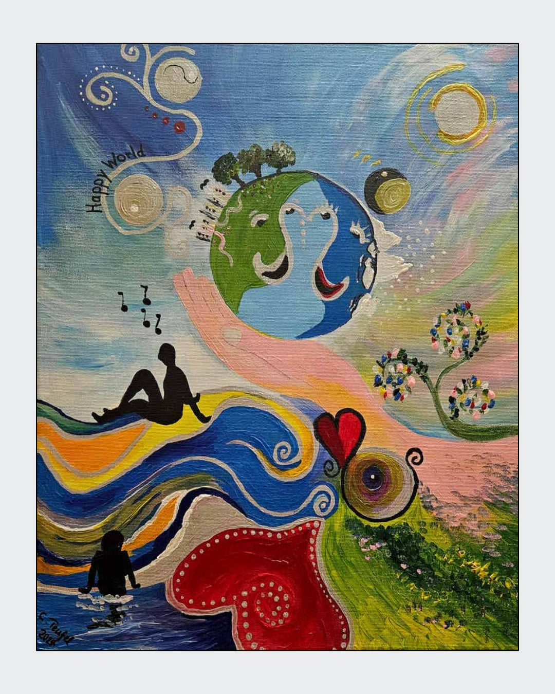 Gemälde "Happy World" von Carina Teufel. Eine farbenfrohe und fantastische Darstellung einer Weltkugel, die von einer schützenden Hand gehalten wird, umgeben von schwungvollen Linien, Musiknoten und stilisierten Figuren, die Freude und Harmonie ausstrahlen. 